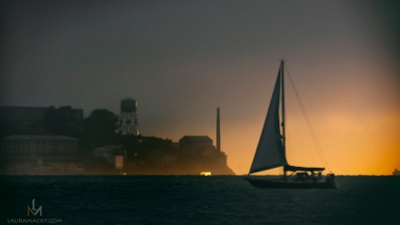 Sailboat passing in front of Alcatraz